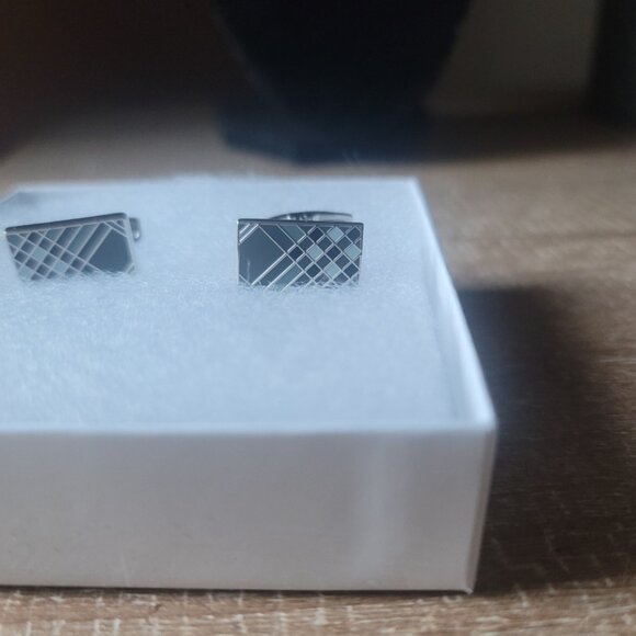 Burberry Men's Enamel Checkblock Cufflinks Rectangle - Gunmetal Gray Black - Picture 5 of 6